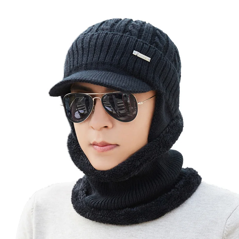 

2022 Simple Winter Hat Scarf Skullies Beanies For Men Knitted Hat Women Mask Thick Balaclava Earflap Wool Bonnet Male