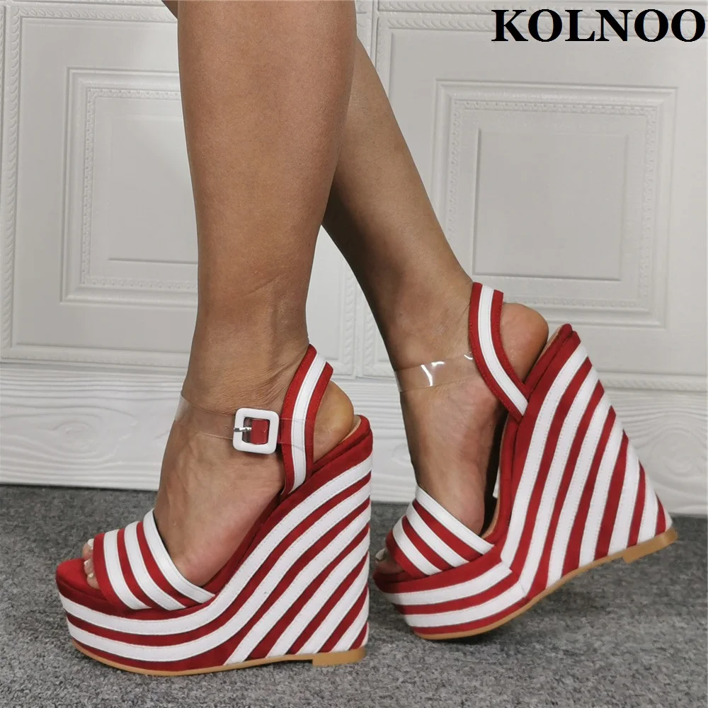 

Kolnoo New Elegant Handmade Women Wedge Heel Sandals Strips PVC Ankle Strap Peep-toe Evening Party Prom Fashion Daily Wear Shoes