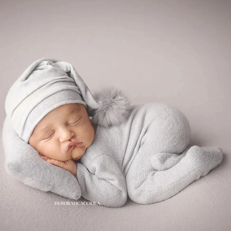 Newborn Photography Sit Pose Soft Cute Stretch Knit Animal Gray Hat Romper Baby Boys Photo Booth Props Clothing Unisex Jumpsuit