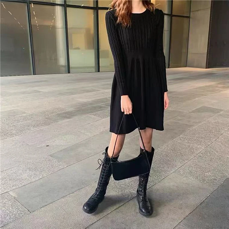 Korean Sweater Dress Women Autumn Winter O Neck Long Sleeve Knitted Mini Dress Casual Dress Female Vestidos