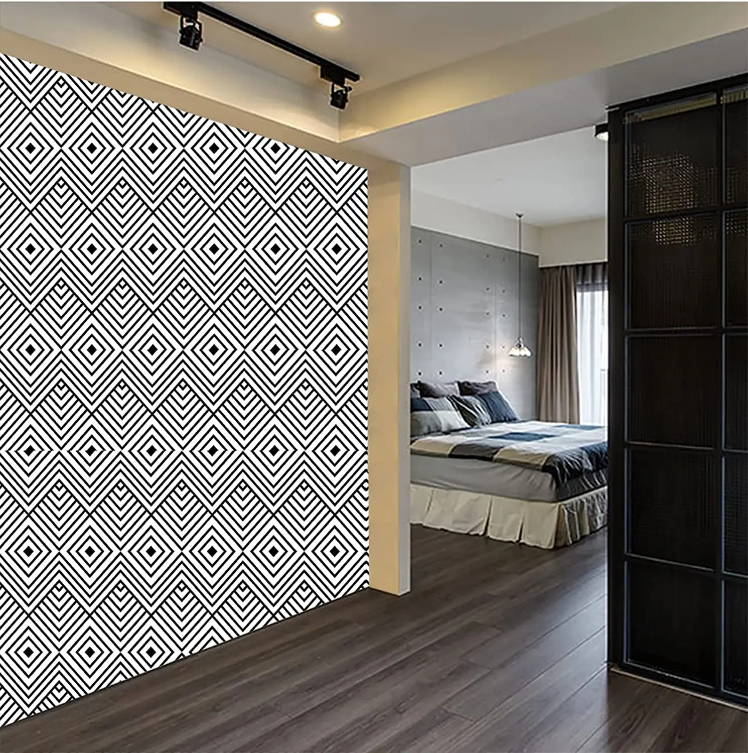 Removable Rhombus Herringbone Self Adhesive Wallpaper Black/White Geometric Peel and Stick Wallpaper Roll for Wall Decor