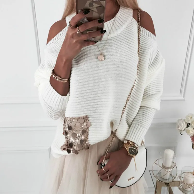 New Women Bead Sequins Pockets Sexy Loose Sweater Round Neck Off Shoulder Knitted Sweaters Autumn Winter Clothes Sueter Mujer