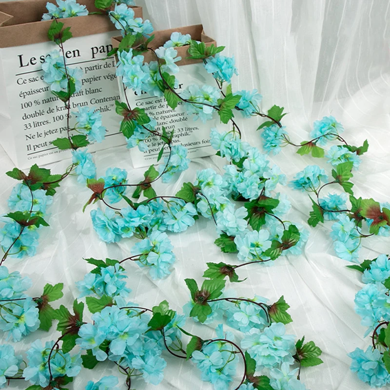 18 Heads Artificial Cherry Blossom Rose Vine Wall Hanging Flower Decoration Rattan Fake Plant Leaf Wreath Roman Home Decor