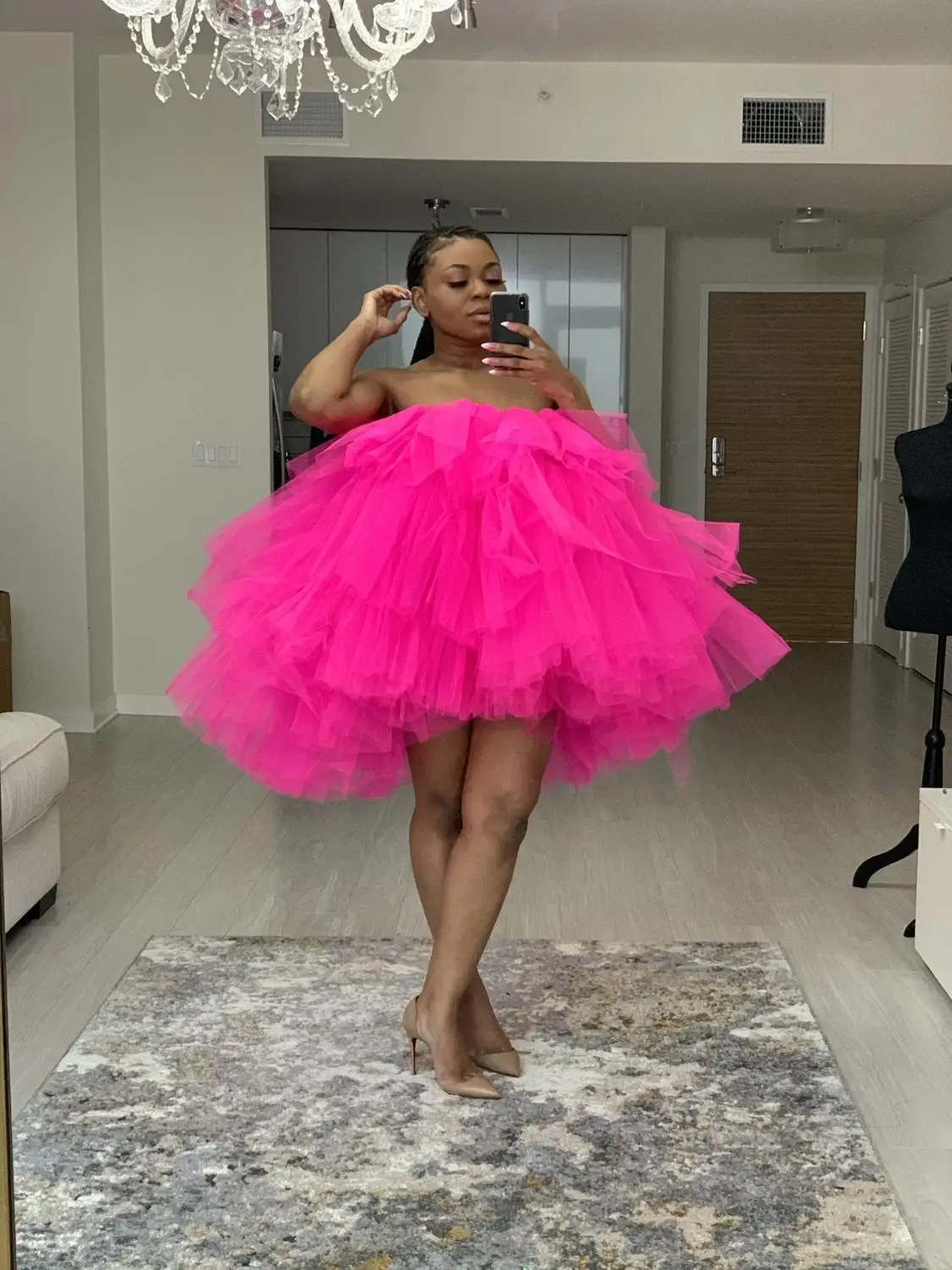 Modest Trend Fuchsia Ruffles High Low Tulle Short Women Dresses Birthday Party Dress Puffy Mini Female Outfit Elastic Free Size