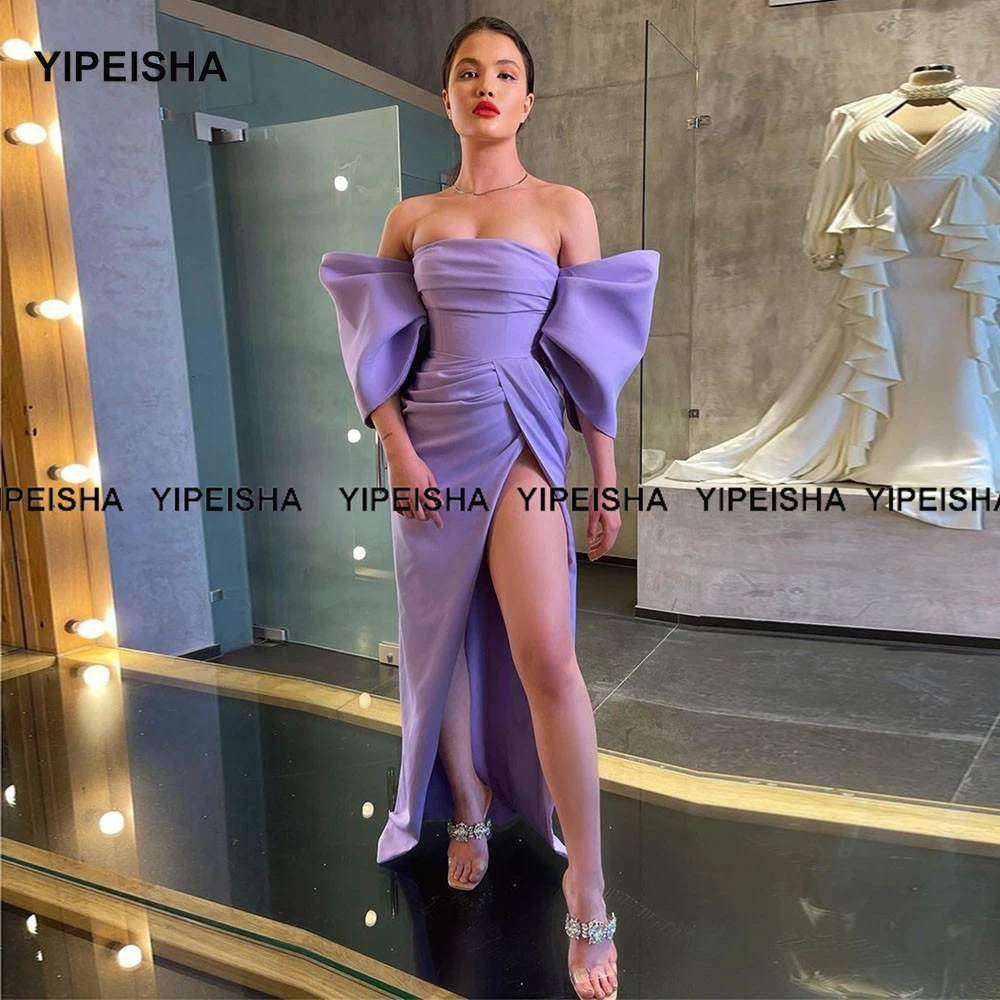 Yipeisha Lavendel Prom Kleider Hohe Split Off-schulter Meerjungfrau Abendkleid Jersey Robe de Soiree Puff Ärmeln Party Kleid