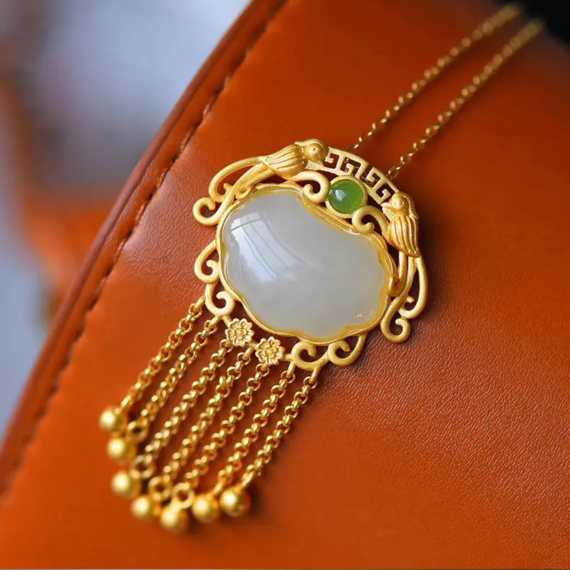 Newsilver inlaid natural Hetian Jasper Pendant Necklace Chinese classical palace style gilded light luxury charm women's jewelry