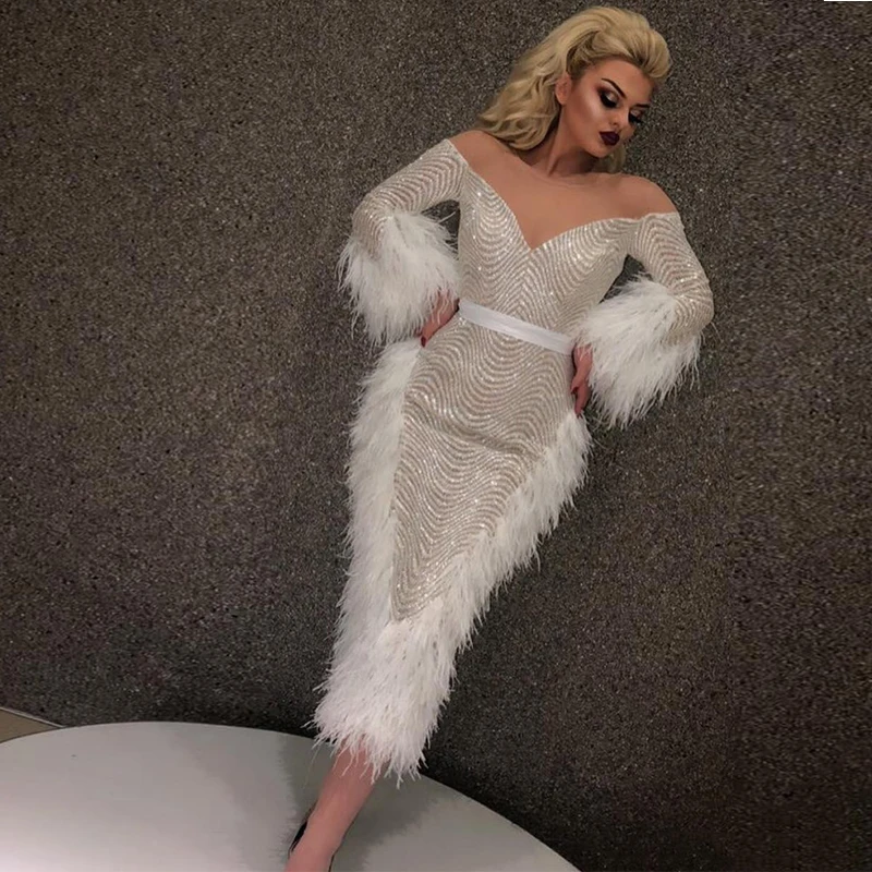 White Attractive Long Sleeve Mermaid evening Dresses 2020 Sequins Ribbons Feathers Tea Length Prom Dresses Formal Party Gowns