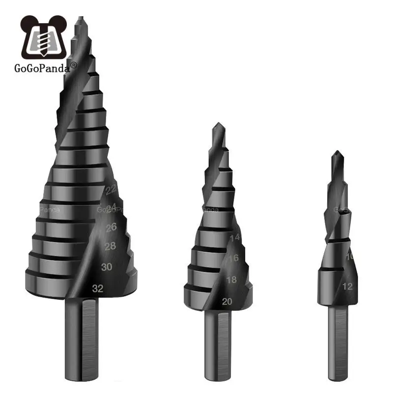 

Free Shipping 3pcs/lot 4-32MM HSS Cobalt Step Drills Nitrogen High Speed Steel Spiral Metal Cone Drill Bit Set Triangle Shank