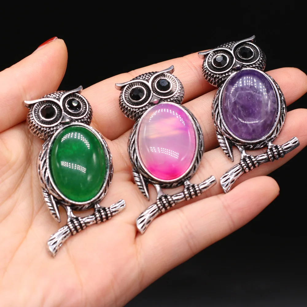 Women Brooch Natural Stone Owl-Shaped Pendant Brooch For Jewelry Making DIY Necklace Bracelet Clothes Shirts Accessory