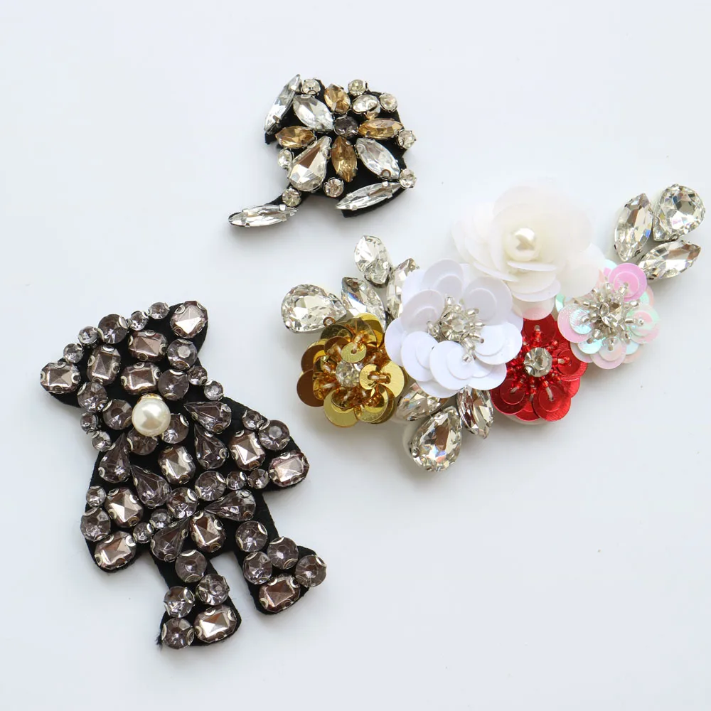 

Fashion beaded flower Patches for Clothing sew on rhinestonen bear parches Appliques Decoration Badge parches