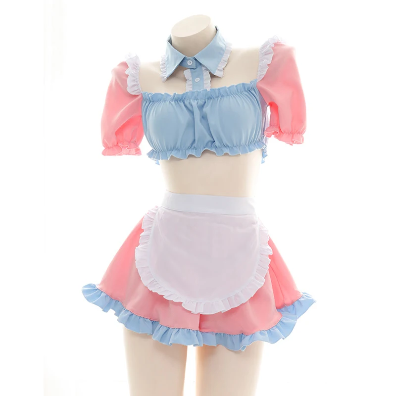 Cute Candy Girl Lolita Pink Blue Maid Dress Anime Princess Cosplay Underwear Set Pajamas Women Sexy Sweet Nightdress Drop Ship