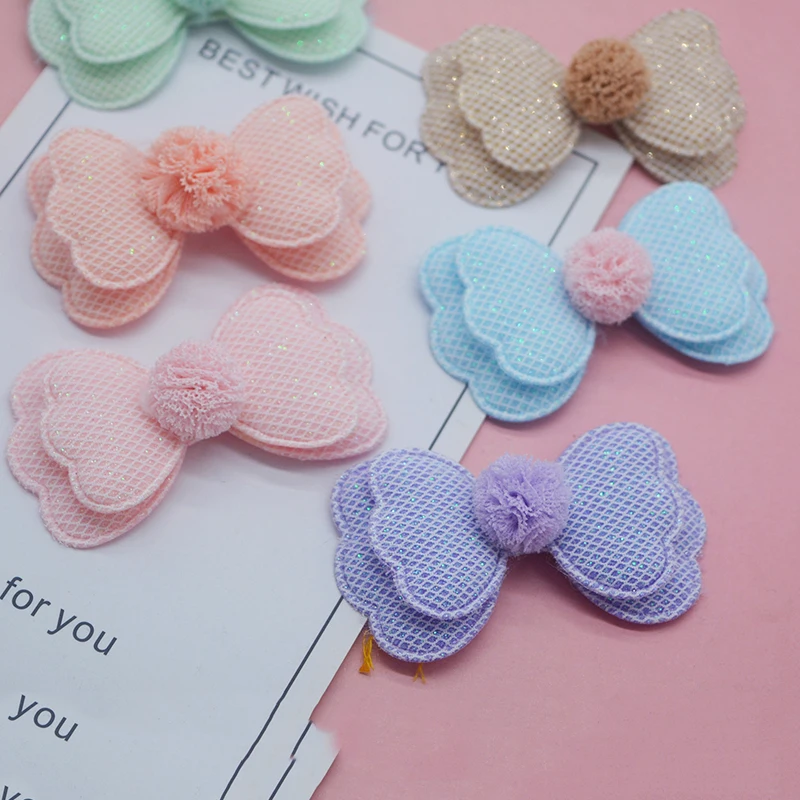 18 pz/lotto 6.4x3.8cm glitter due strati bowknot imbottito Appliques per Clip di capelli accessori fai da te Kid patch