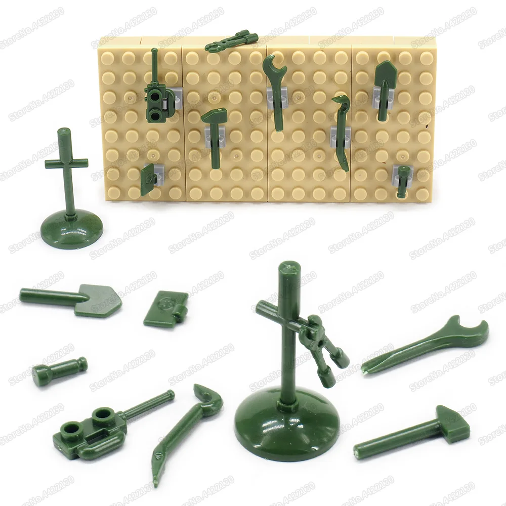 Assembly Military Green Tool Set Walkie Talkie Wrench Building Block Force Ww2 Army Logistics Figures Repair Model Boy Gift Toys