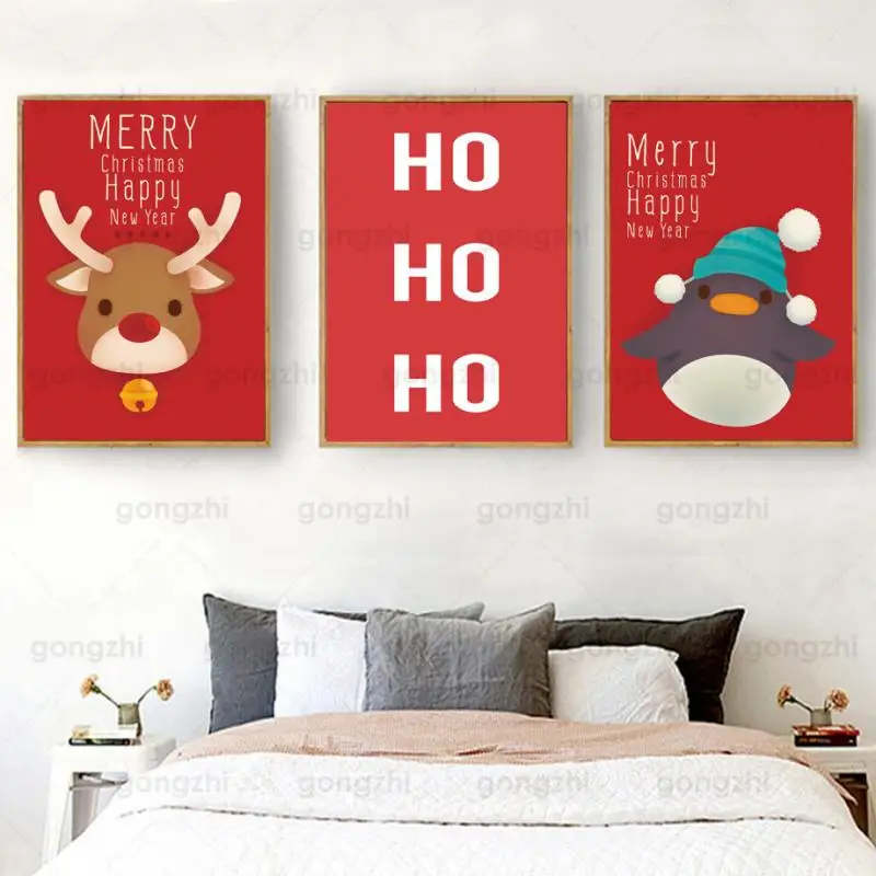 

Jubilant Holiday Red Wall Painting Cartoon Cute Elk Penguin New Year Merry Christmas Frameless Home Canvas Printing Poster