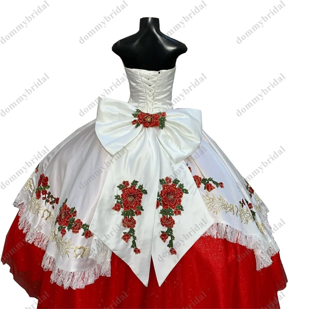 2023 modesto vermelho e branco vestido de baile mexicano charro quinceanera vestidos bordados ouro grandes arcos flores florais rendas xv barato