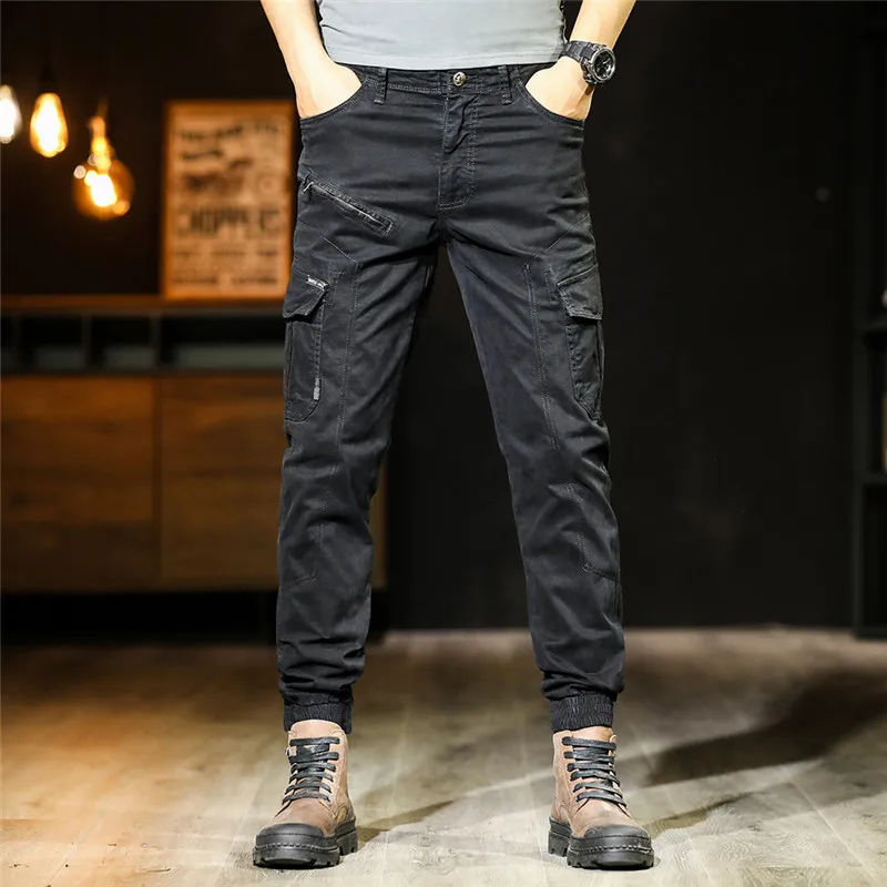 High Street Men's Cargo Pants Cotton Fashion Military Style Multi-Pockets Beam Feet Casual Trousers Elasticity Freight Overalls