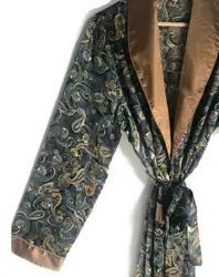 Veste de fumage Paisley rétro pour hommes, robe en élasthanne, vêtements de détente en satin, peignoir Boho des années 70, bleu doré, années 1970