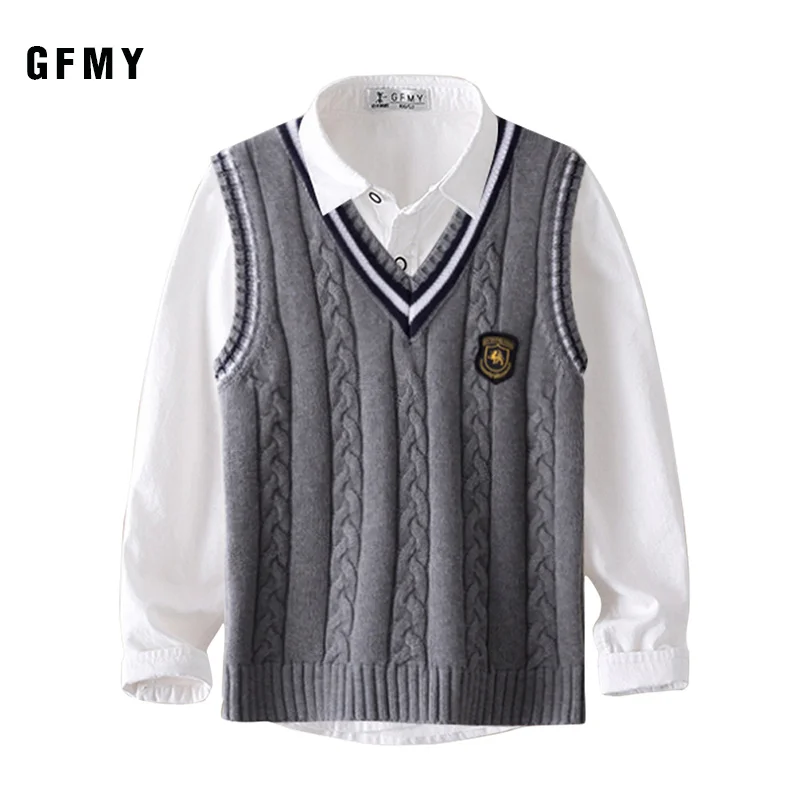 GFMY 2019 Autumn 100% Oxford Textile Cotton Solid Color 3T-14T boys white Shirt+ weater vest 2pcs Kid Casual School Clothes