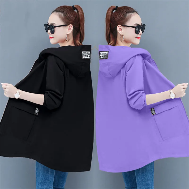 Fashion 6XL 2023 New Women\'s Windbreaker Coat Long Spring Autumn Slim Basic Zipper Jacket With Hooded Female Windbreake Black