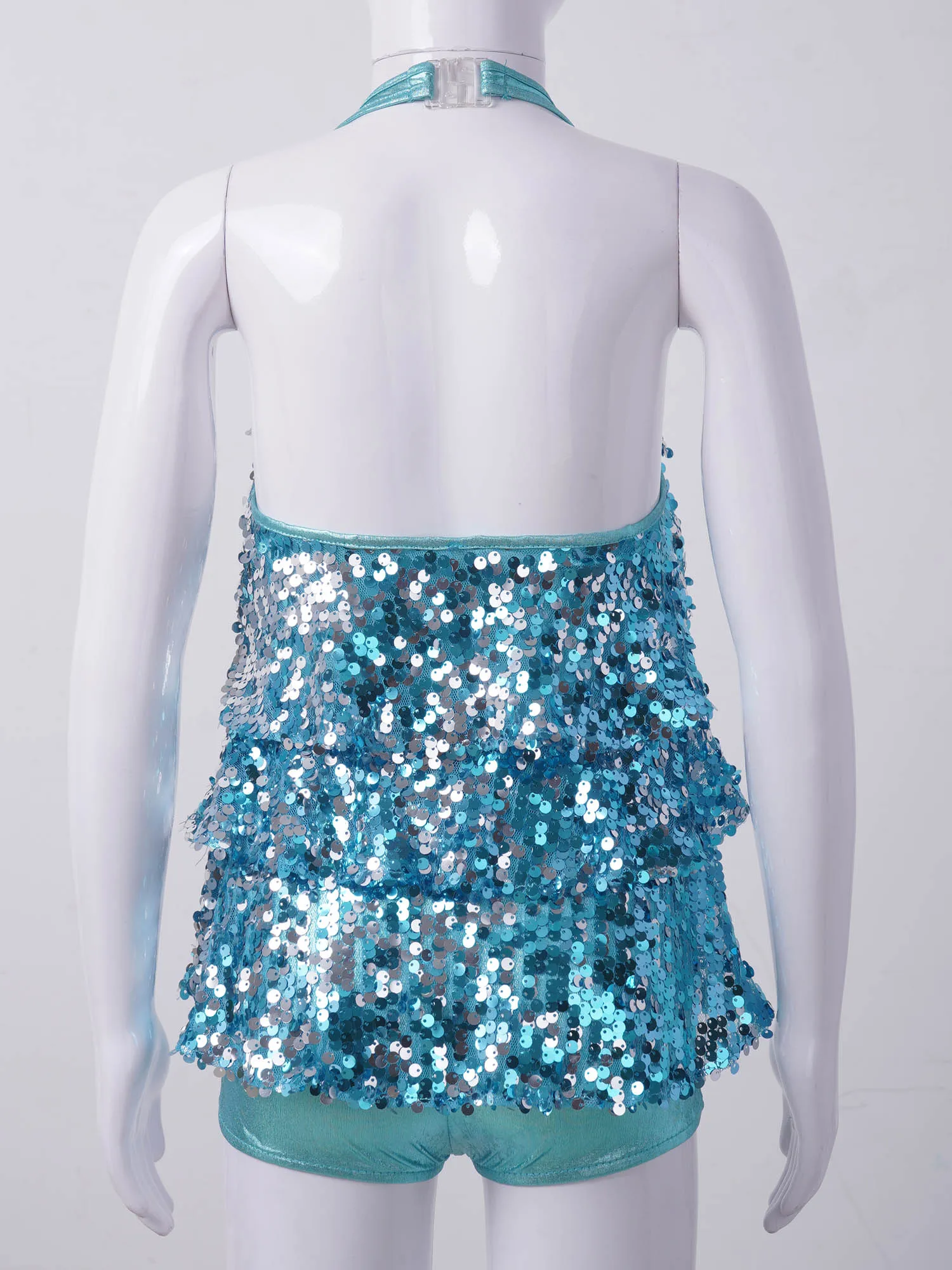 Kids Girls Halter Shiny Sequins Ballet Dance Shorty Unitard Dress Gymnastics Leotard Stage Modern Jazz Latin Dancing Costumes