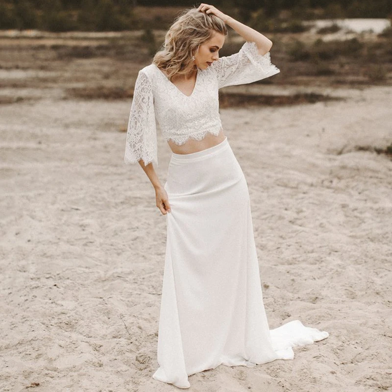 Vestido de novia de dos piezas con mangas medio acampanadas, Top corto de encaje, bohemio, playa, doble cuello en V, falda de gasa, vestidos de novia personalizados