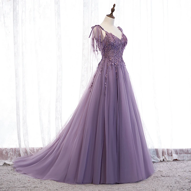 Vestido de noche con tirantes finos para mujer, traje morado con cuello en V profundo, línea A, largo hasta el suelo, Espalda descubierta, apliques,