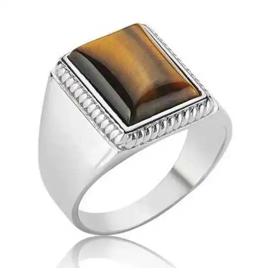 Silver Tiger Eye Stone Men's Ring - 925 Sterling Men's Jewelry Wedding Birthday Gift - Box - Man - Fashion - Botiva - Size - Turkish - Patterned Embroidery