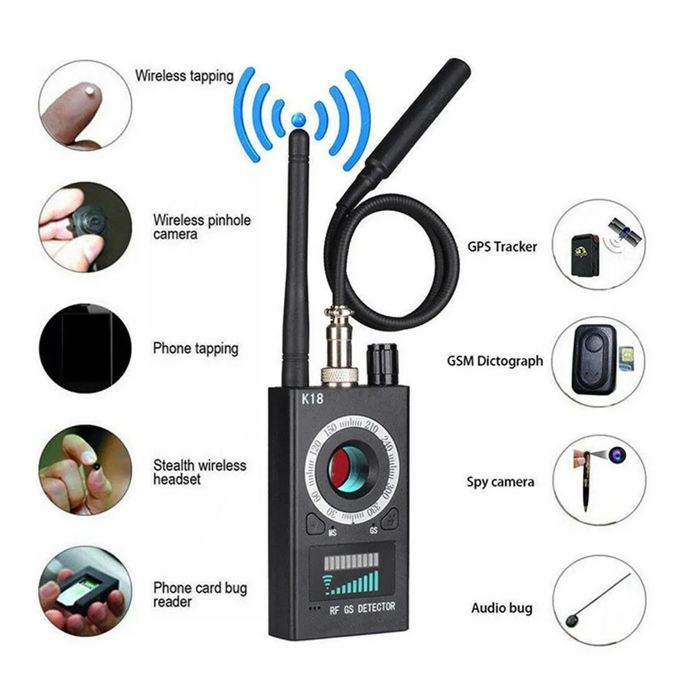 Detector de señal inalámbrico EE. UU. UE radiofrecuencia cámara antiespía 1MHZ-6,5 GHZ Pro K18 GSM buscador de errores de Audio lente GPS rastreador RF