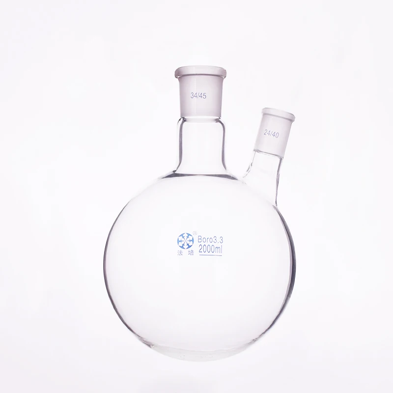 

Two-necked flask oblique shape,with two necks standard grinding mouth,Capacity 2000ml,Middle joint 34/45 and lateral joint 24/40