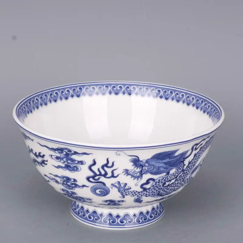 Chinese Blue and White Porcelain Qing Qianlong Dragon Phoenix Design Bowl Antique Porcelain Noodle Bowl 6.1 inch