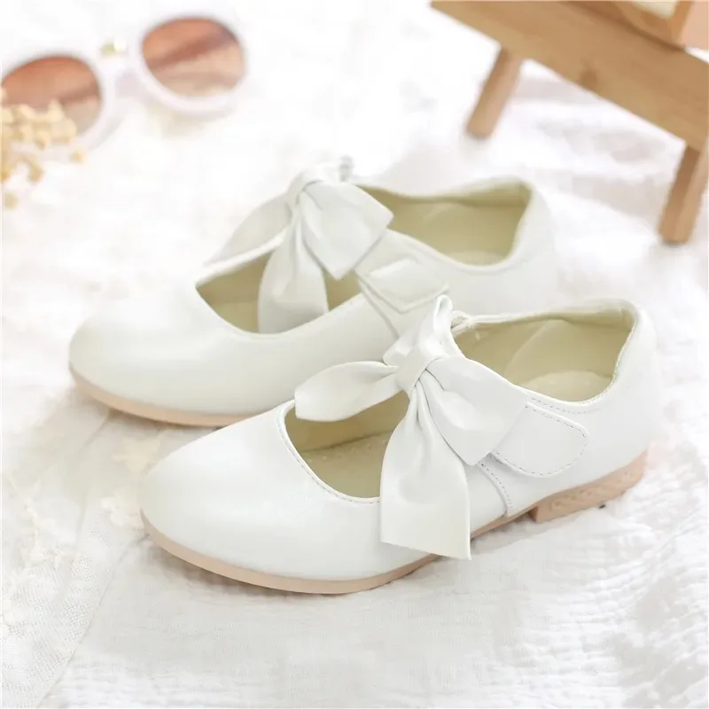 Spring Children\'s Bowknot Wedding Party Princess Shoes Big Kids Girls White Dress Single Shoes 5 6 7 8 9 11 10 12 Years old New