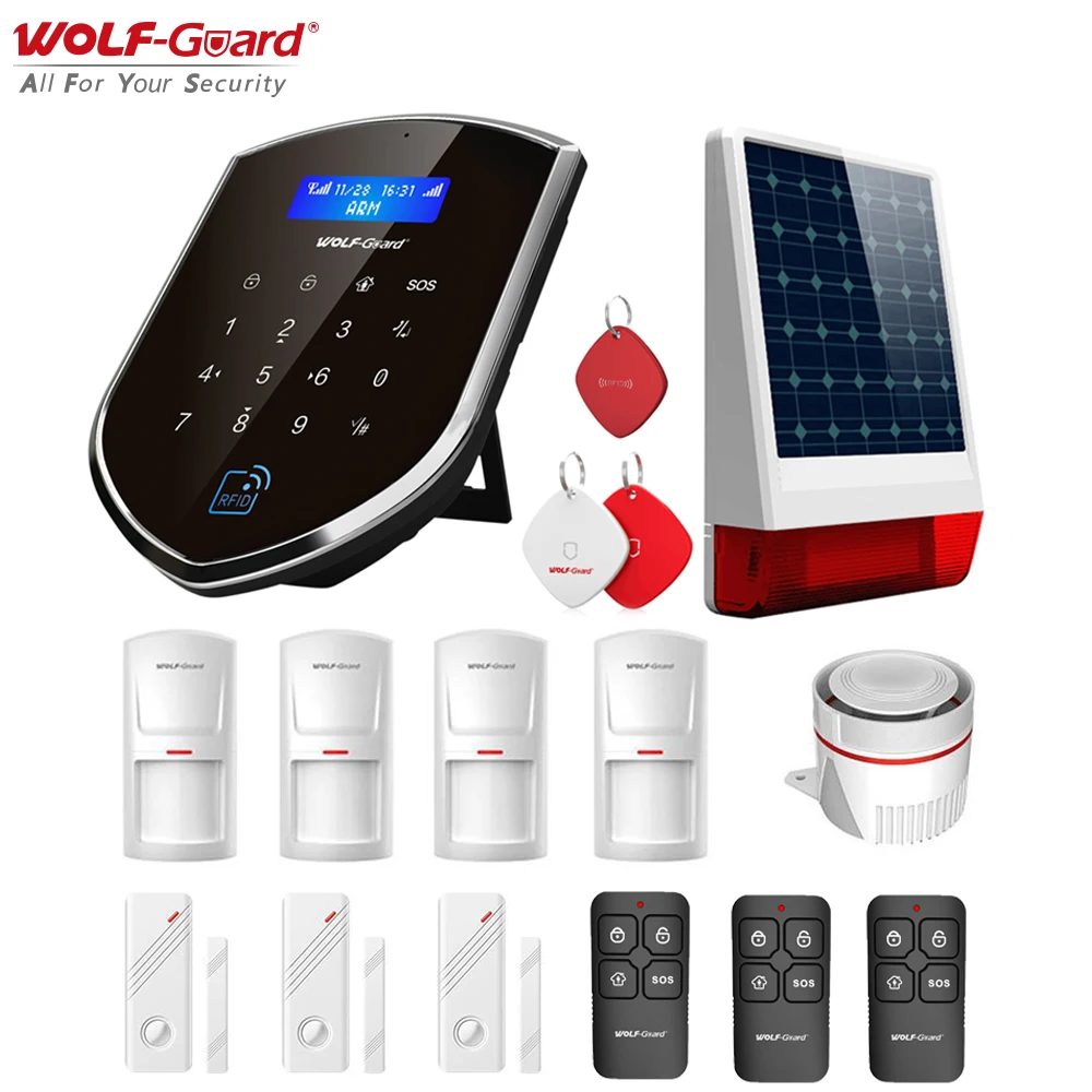 

Wolf-Guard 3G GSM Wifi Wireless Home Alarm Security Burglar System Solar Siren Door Window PIR Motion Sensor Detector RFID Card