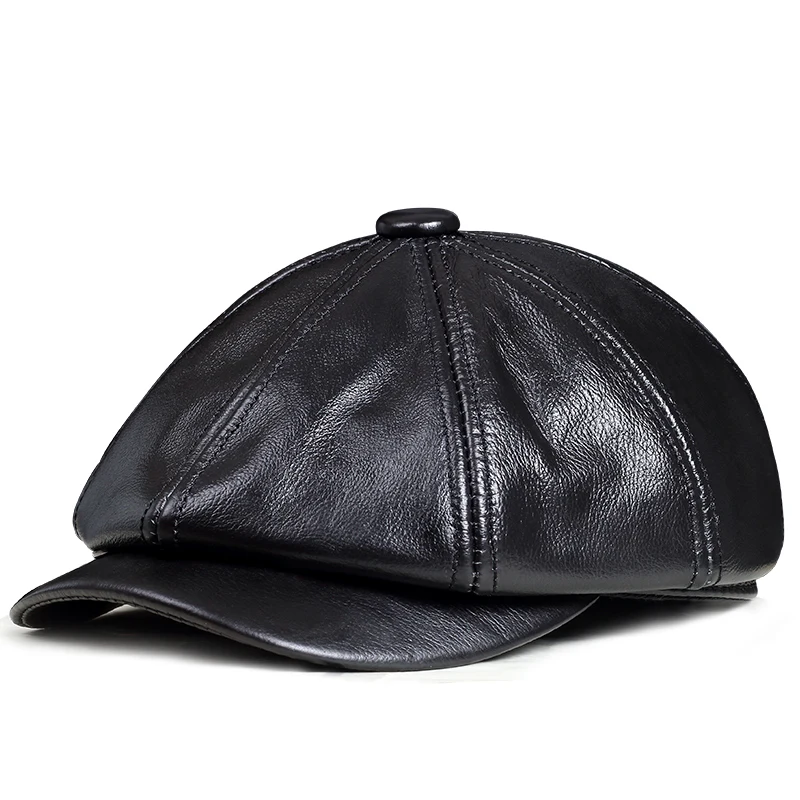 zero fish Genuine Leather Hat Autumn Men's Cowhide Leather Beret Elegant Fashion Young Student Tongue Cap Snapback Caps For Men