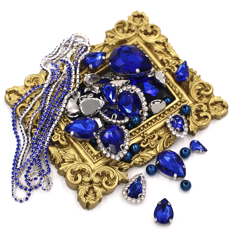 New Arrival Drop Shape Royal Blue Mix Size Glass Crystal Stones Pearl Beads Cup Chain Rim Rhinestones For Clothing/Wedding Dress