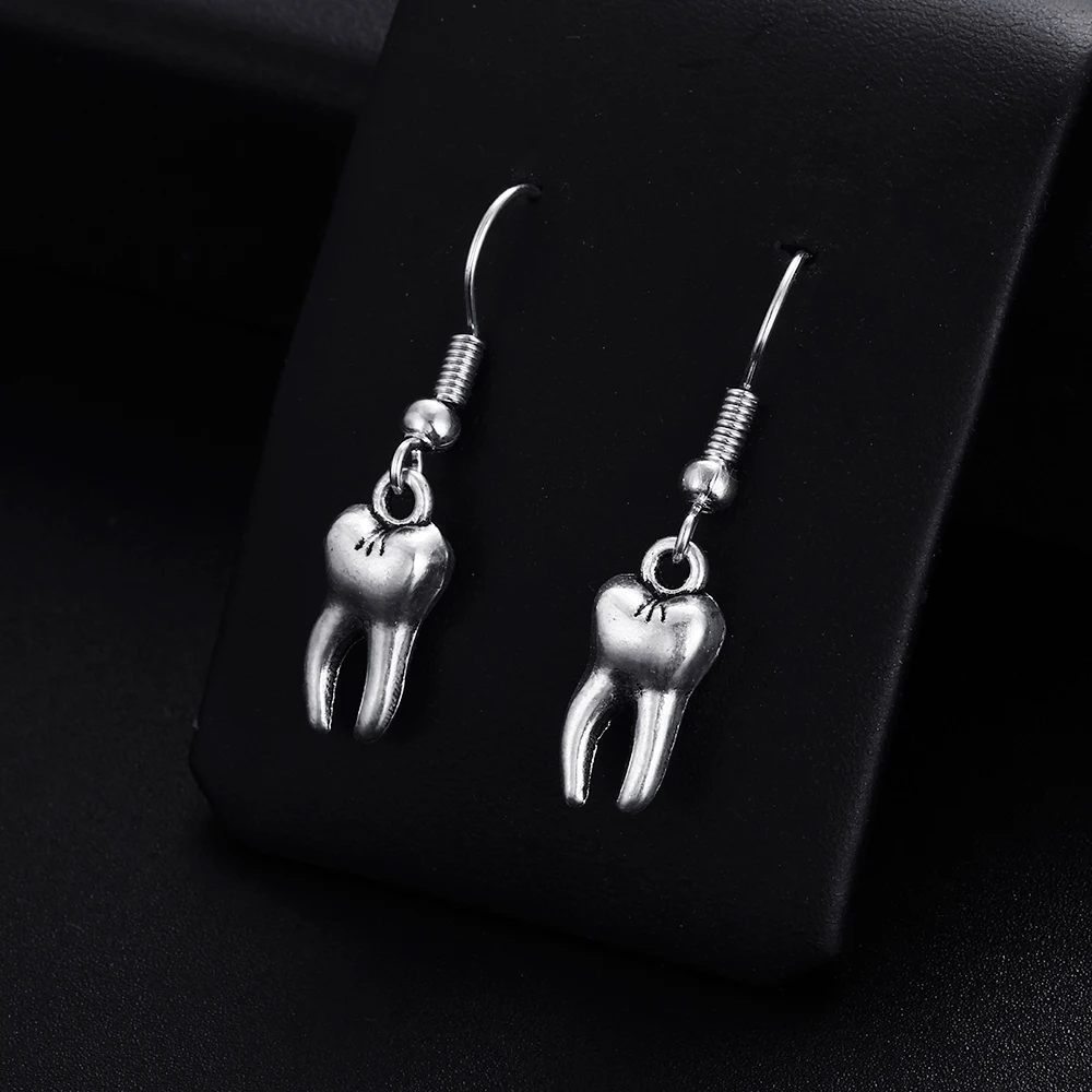 Trendy Vintage Tooth Shape Dangle Antique Silver Plated Earrings for Women Girl Retro Drop Earrings Cute Earring Jewelry