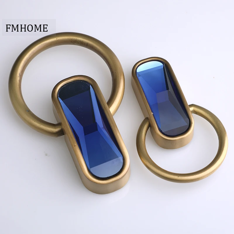 32mm fashion luxury blue glass crystal drop ring drawer wine cabinet kitchen cabinet handle stain brass cupboard pull know