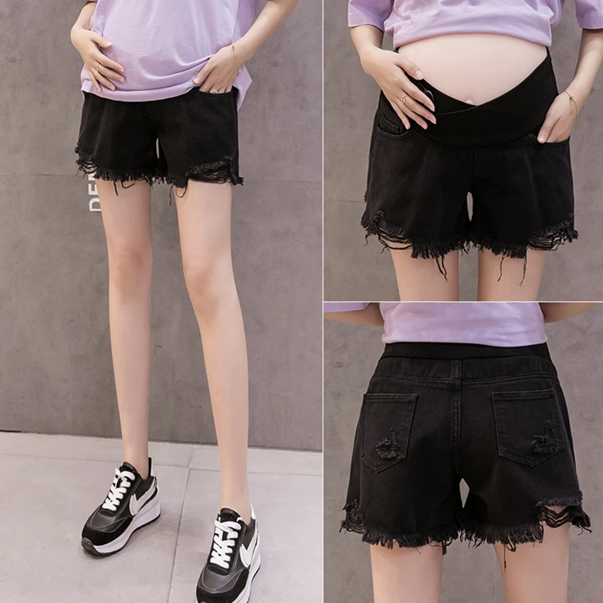 Maternity pants denim shorts summer models loose holes black white thin section a word pregnant stomach lift pants