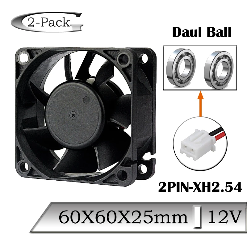 

2 Pcs Gdstime DC 12V 60mm 60x60x25mm Dual Ball Bearing Brushless Axial Heatsink Cooling Fan 6025B 6cm PC Laptop Computer Fan