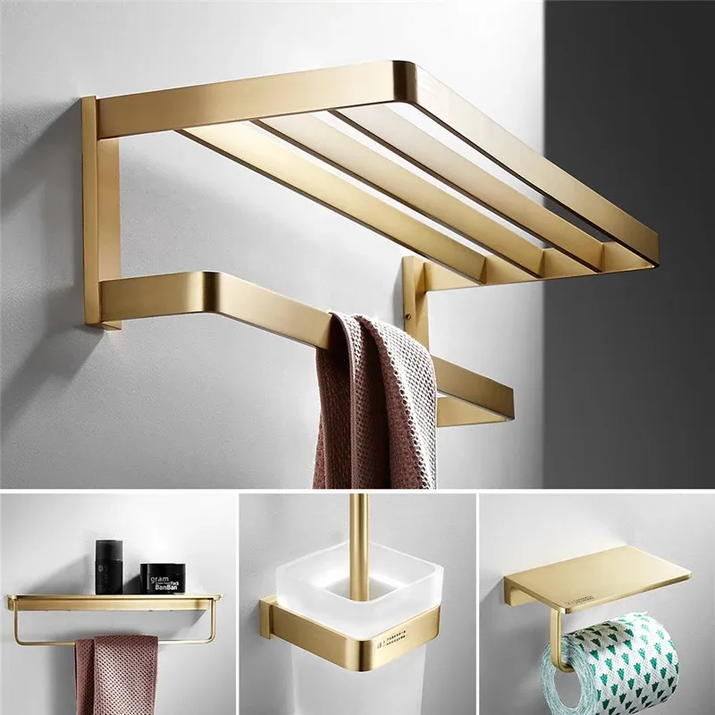 Bathroom Accessories Towel Rack Corner Shelf Paper Holder Hook Toilet Brush Holder,Towel Hanger Brushed Gold Bathroom Hardware