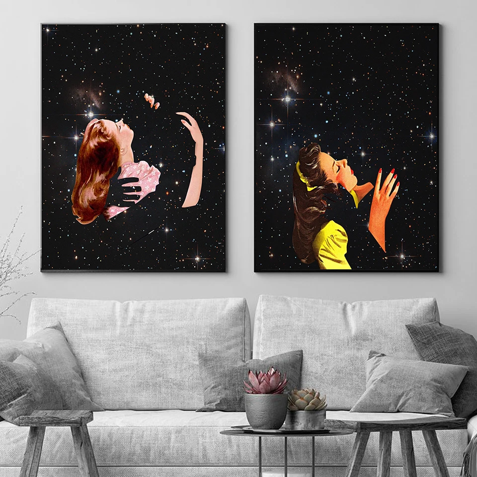 Retro Love Couple Poster Galaxy Kissing Surrealistic Print Art Wall Modern Canvas Painting Bedroom Nordic Home Decor Pictures