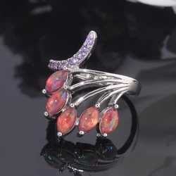 CiNily Created Orange Fire Opal Rings with Purple Zircon Silver Plated Oval Stone Ring for Women Fashion Jewelry Ring Size 7-12