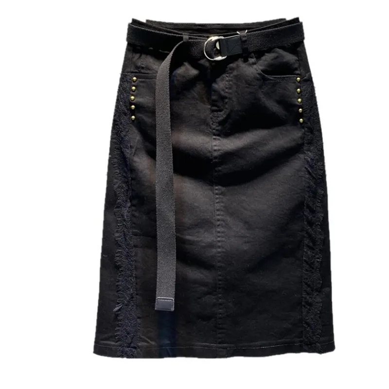 

Denim Skirt 2022 Spring Autumn New Casual Split High Waist Fashion Lace Stitching Package Hip Jeans Skirt q536