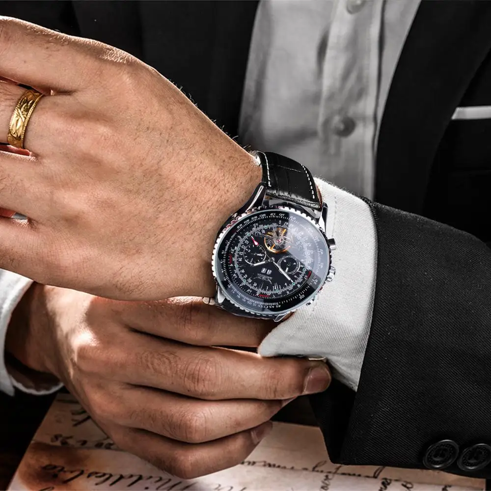 Jaragar Orologi Automatici Degli Uomini di Stile Pilota Tourbillon Calendario Display Nero della Fascia del Cuoio Genuino di Affari di Sport