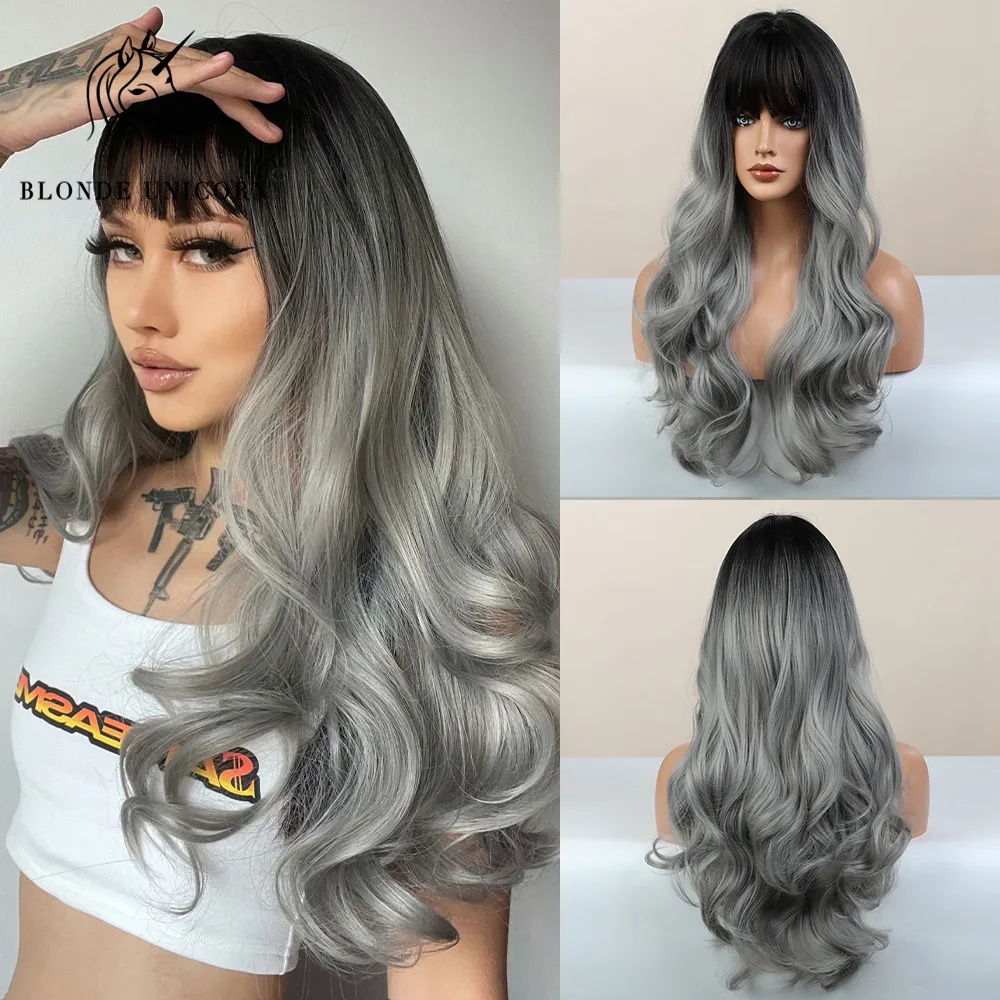 BLONDE UNICORN Long Wavy Synthetic Hair Wigs Ombre Grey for Black White Women Natural Wig Hair with Bangs Heat Resistant Fiber