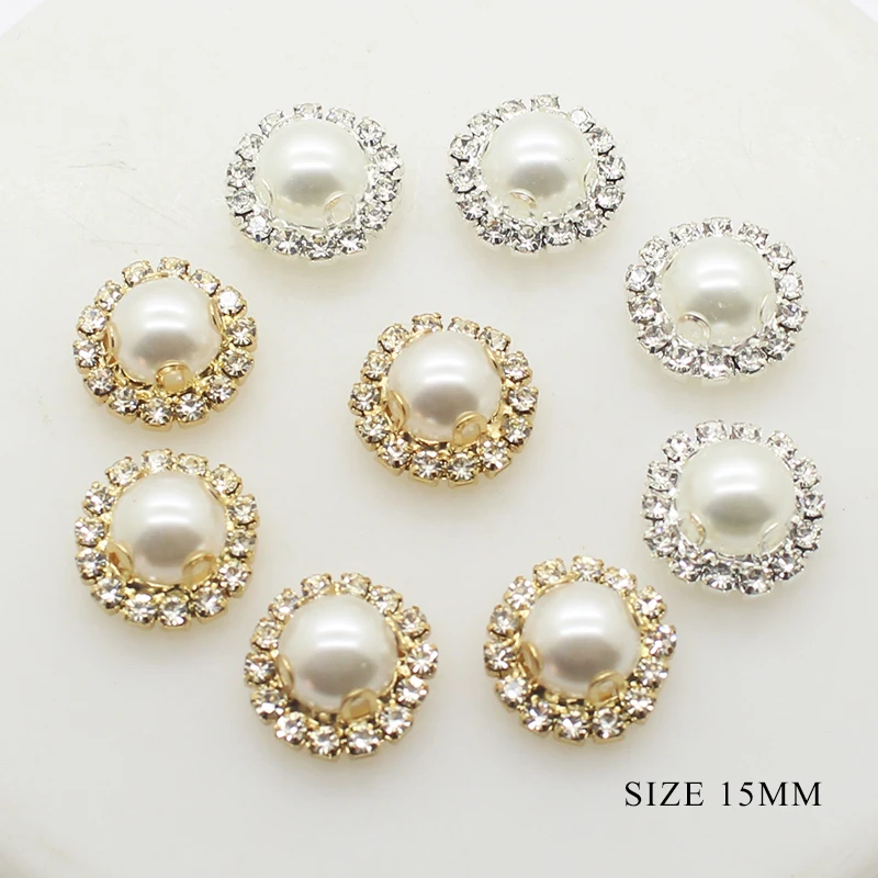 New Fashion 15mm Pearl Rhinestones Button DIY Handwork  Accessories Sewing Clothing Shiny Decoration 10Pcs Gold or Silver