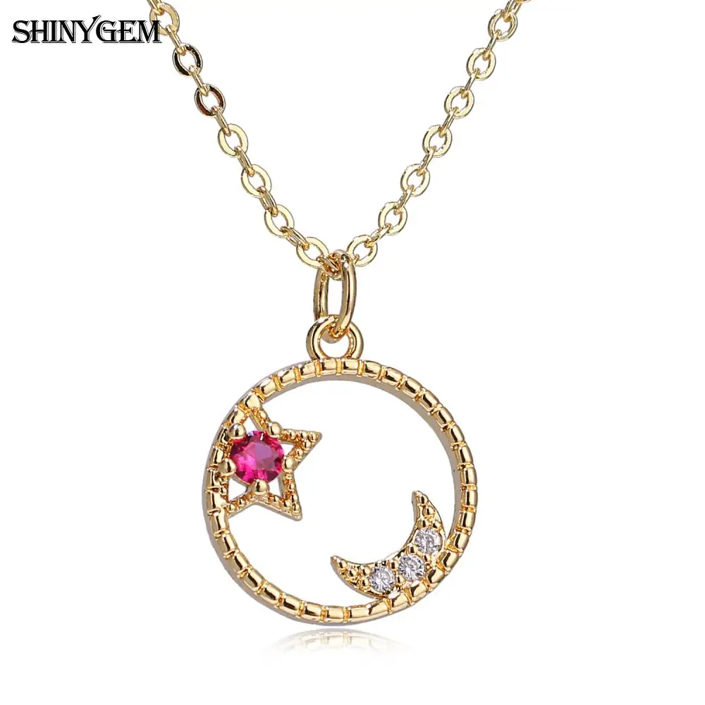 

Lovely Fashion 15*17mm Micro Zircon Inlaid Pink/Blue Stars Accompanied By Moon Necklace Copper Frame Chain Jewelry For Women