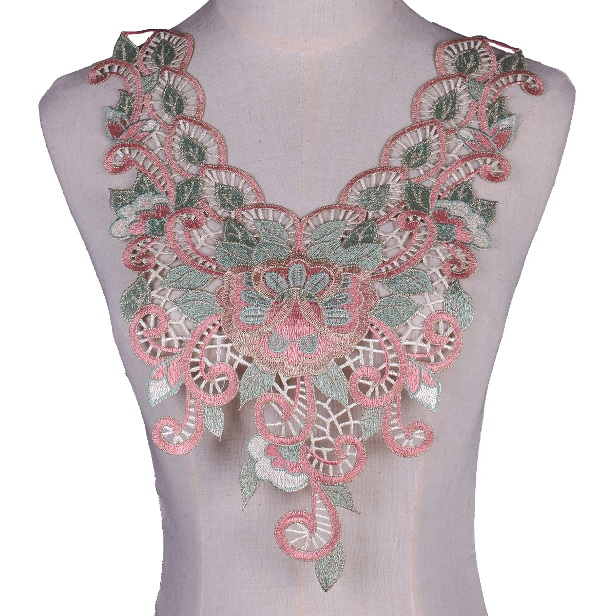 Green Pink Flower DIY Lace Neckline Collar Embroidered Lace Fabric Collar Flowers Neckline Applique