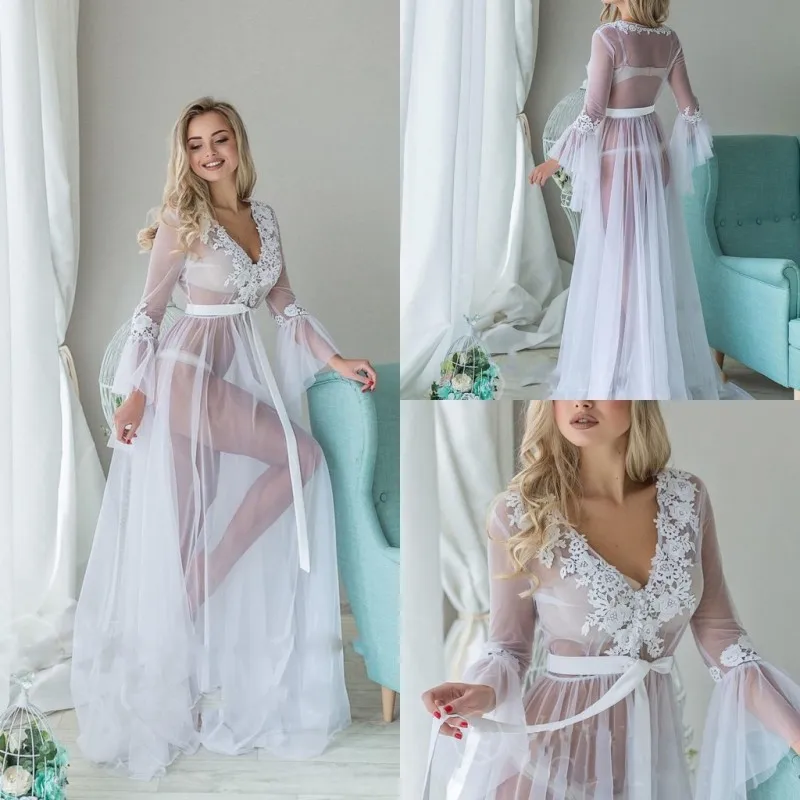 

Sexy V Neck See Through Nightgowns Long Sleeves Tulle Lace Applique Wedding Wraps Beach Wedding Dress Sleepwear Night Robes