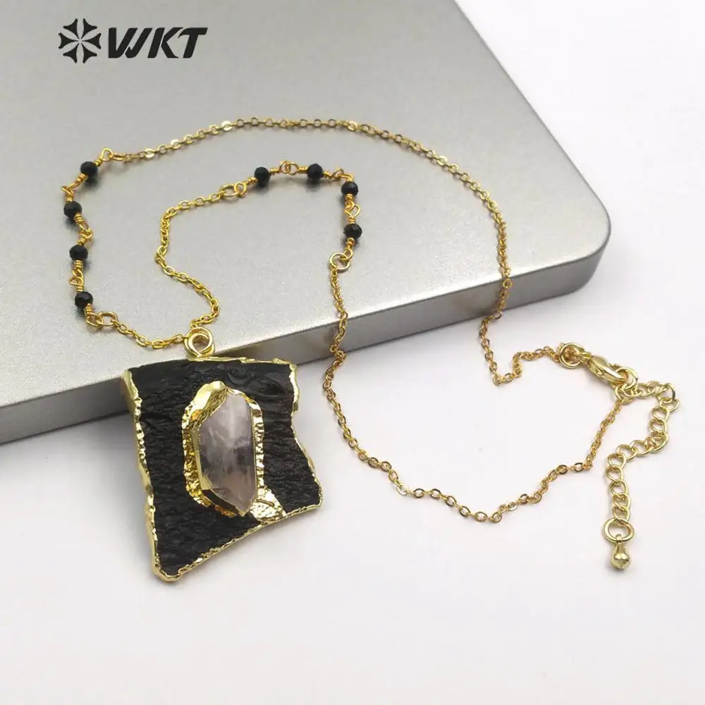 WT-N1166 WKT Gold Bezel Natural Black Tourmaline With Crystal Decoration Pendant Fashion Necklace Jewelry 18 Inch+2 Inch Extend