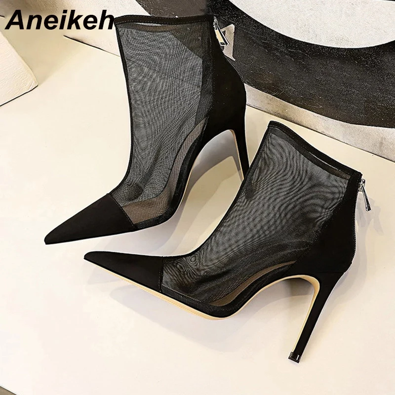 Aneikeh NEW 2024 Fashion Summer Ventilation Mesh Ladies Boots ANKLE Pumps 9.5CM Thin Heels Pointed Toe ZIP Solid Women\'s Shoes